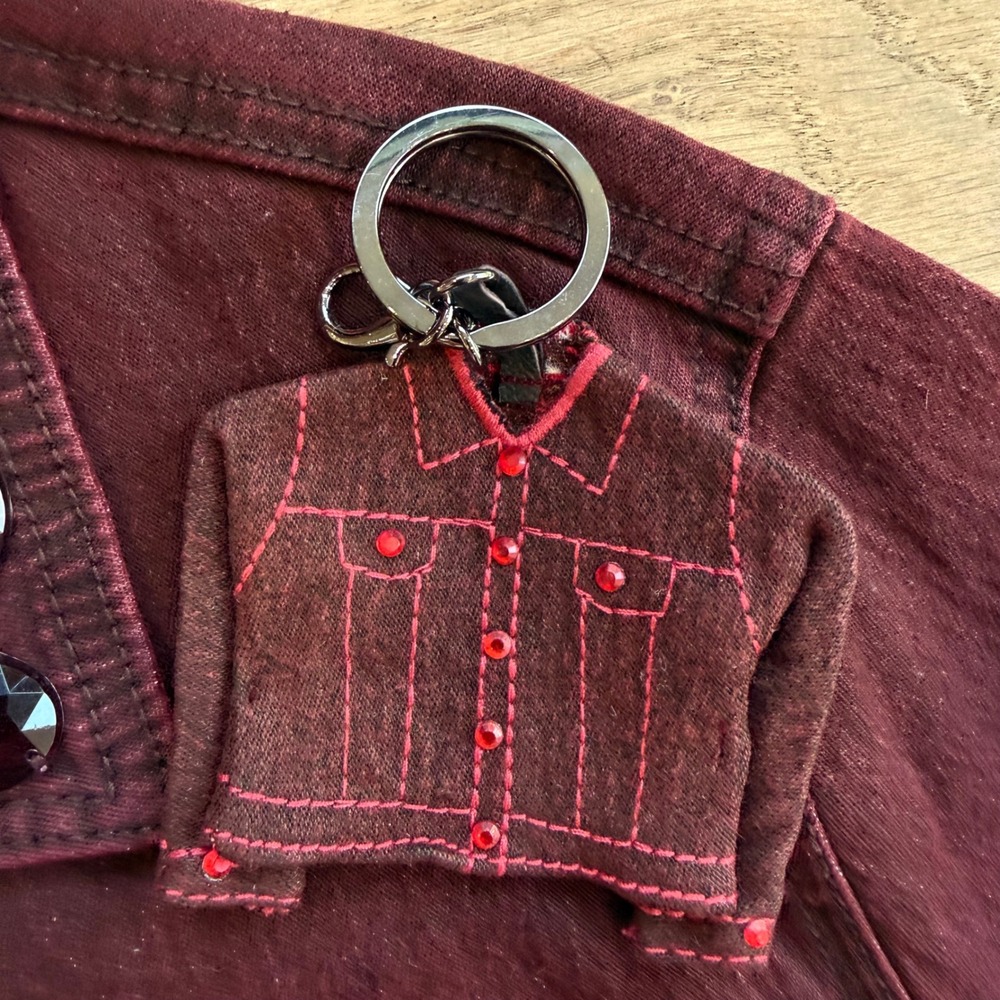 Diane Gilman DG2 Embellished Denim Jacket Burgundy Red Crystal Buttons Size L - Picture 9 of 11